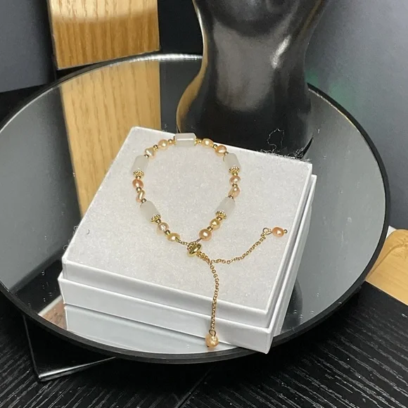 Fresh Water Pearl &  Agate Stone  Adjustable Chain Bracelet - Picture 2 of 6